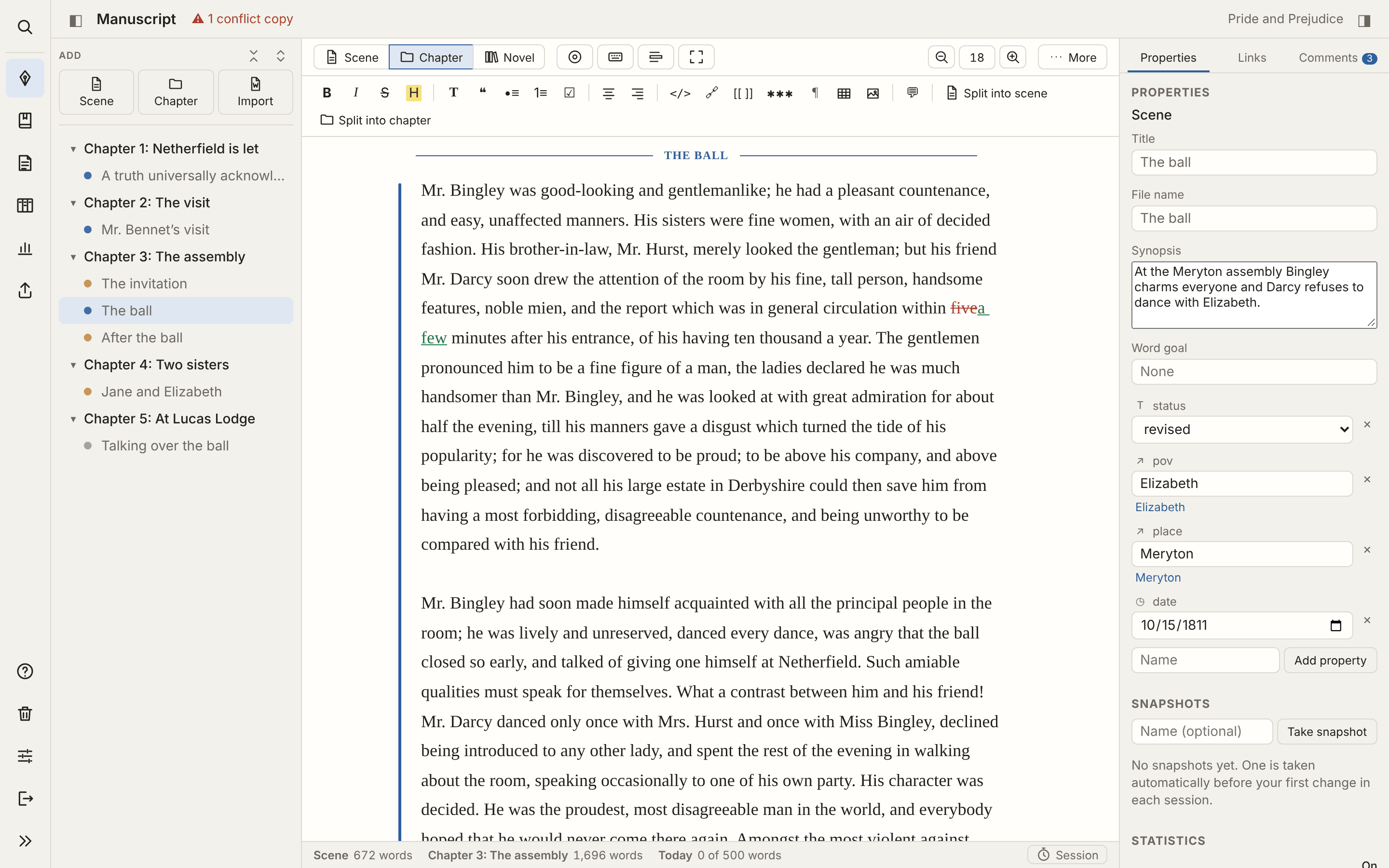 Dante with a scene of Pride and Prejudice open, the manuscript on the left and the scene’s properties on the right