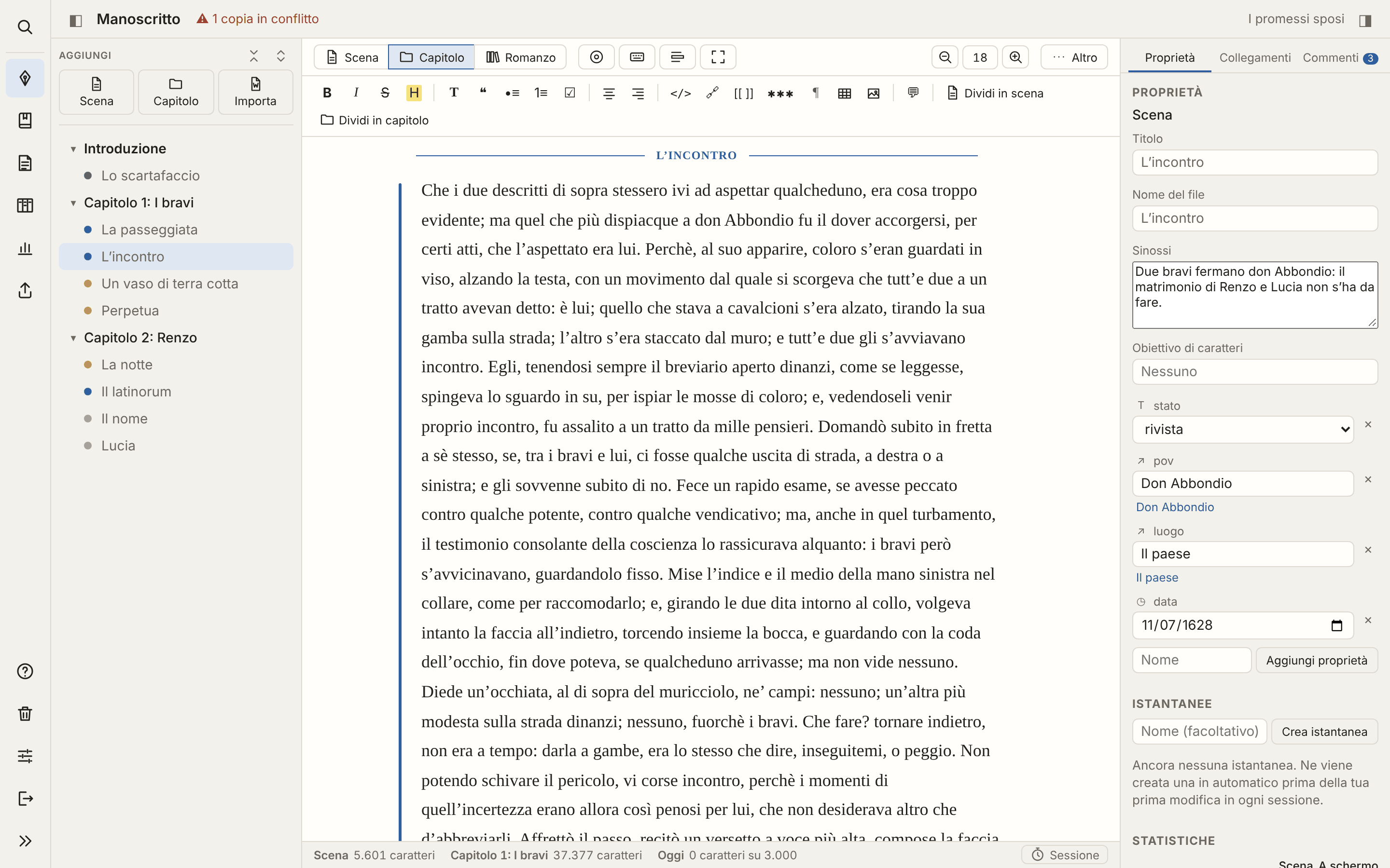 Dante con una scena dei Promessi sposi aperta, il manoscritto a sinistra e le proprietà della scena a destra